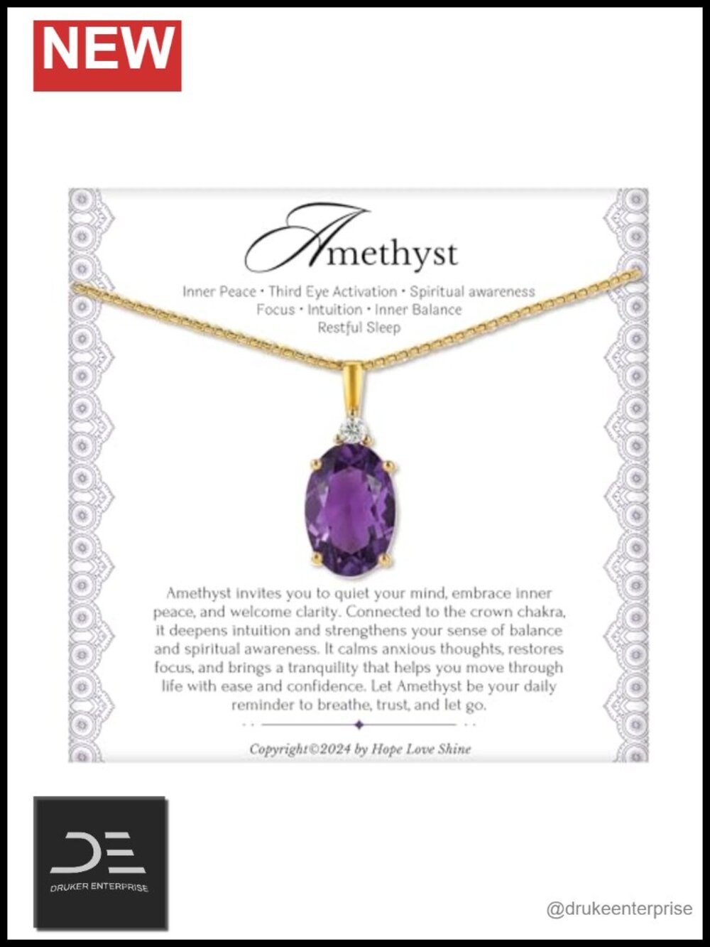 Amethyst Pendant Necklace Stainless Steel 20" Inspirational Gift